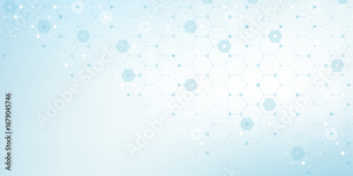 Modern health care or medical background design. Health care innovation concept. Horizontal header web banner. Abstract geometric background with hexagon shapes for medicine, science, chemistry.