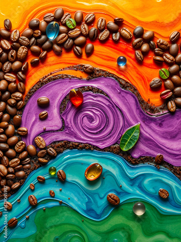 Exotic Coffee Bean Ripple Art with Colorful Floating Elements