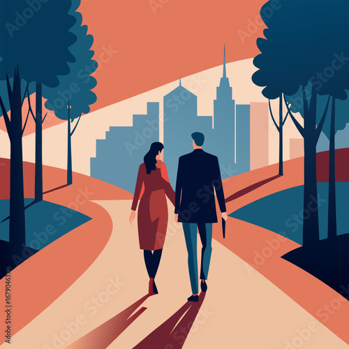 Happy couple enjoying a leisurely walk in a park on a sunny day