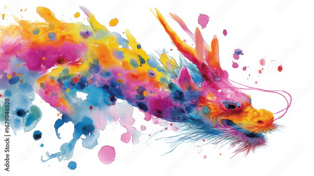 Fototapeta premium A majestic dragon is depicted in a swirl of bold colors, blending hues of purple, pink, orange, and blue. The artwork captures the creature in a lively motion, embodying fantasy.