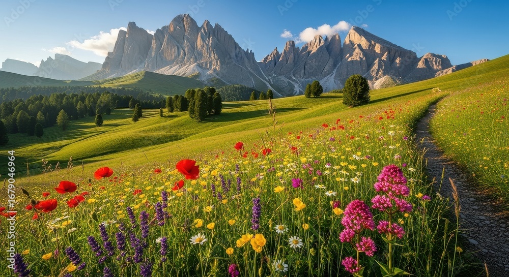 Fototapeta premium Vibrant Mountain Meadow Path Bathed in Golden Sunrise Light