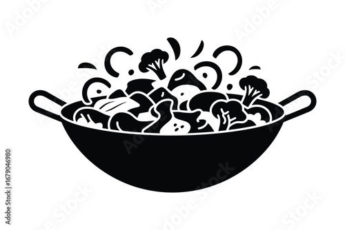 Black and white illustration of stir fry in a wok