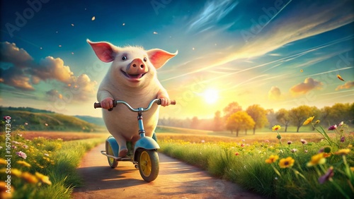 Happy Pig on Scooter: Cartoon Animal Freedom & Adventure