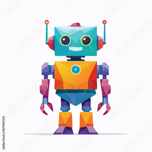 Vibrant and cheerful cartoon robot with a geometric polygonal design, symbolizing innovation and future artificial intelligence technology