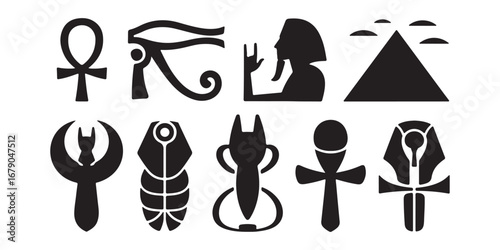 Collection of egyptian hieroglyphs and symbols including ankh eye of horus pyramid and pharaoh silhouette