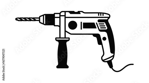 Black and white illustration of a corded power drill