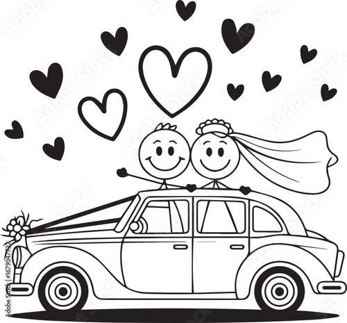 Forever United: Whimsical illustration of a newly married couple, radiating joy as they embark on their journey in a classic car, symbols of love showering down upon them.