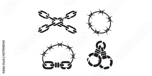 Four black silhouette icons representing chains barbed wire circle barbed wire bracelet and handcuffs on a white background