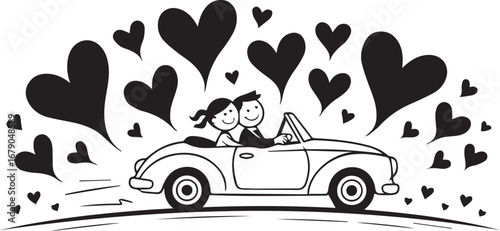 Love Journey: A joyous cartoon couple embarks on a romantic journey in a vintage convertible car, surrounded by a cascade of heart-shaped symbols.