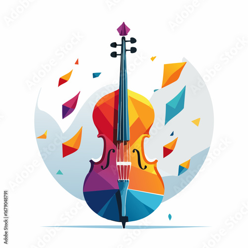 A captivating abstract illustration of a cello, rendered with vibrant geometric patterns, symbolizing the harmonious fusion of music and modern art