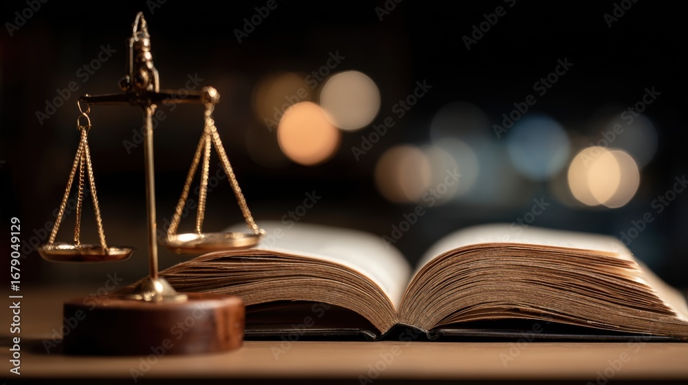 Obraz Scales of justice positioned next to an open law book on a wooden table. The background features soft bokeh lights, contributing to a contemplative legal study environment.