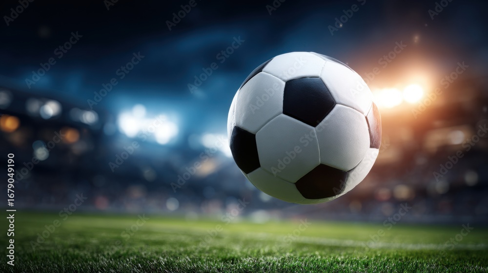 Fototapeta premium A soccer ball is captured in mid-air as it travels towards the goal during a competitive evening match. Stadium lights illuminate the field and spectators.