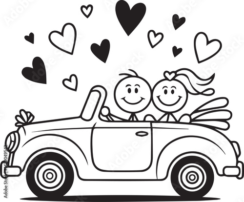 Love on the Road: A charming monochrome illustration depicts a newlywed couple joyfully cruising in a classic convertible, surrounded by floating hearts.