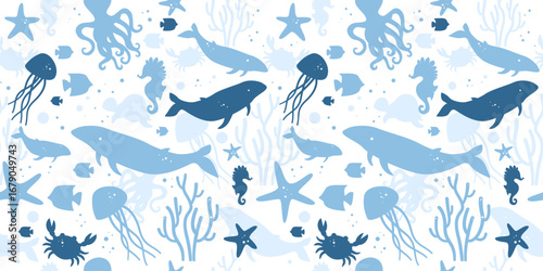 Ocean and Marine Life Blue Seamless Pattern
