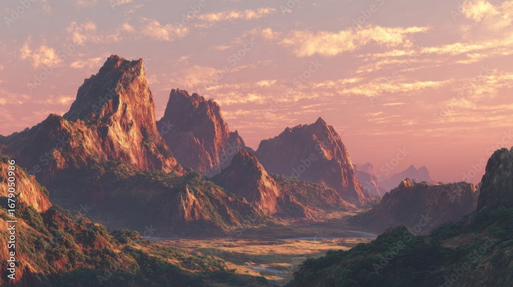 Fototapeta premium A breathtaking view of rugged mountains glowing in warm sunset light, surrounded by a serene valley and vibrant sky filled with soft clouds, highlighting the beauty of nature.