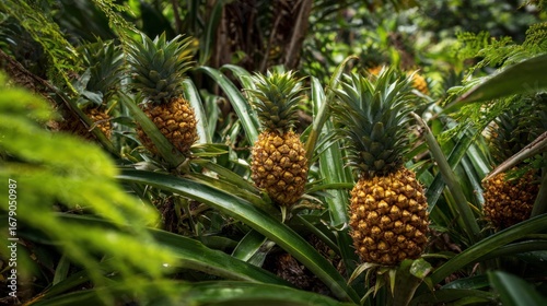 A cluster of ripe pineapples grows among thick green foliage in a tropical garden. Sunlight filters through the leaves, highlighting their vibrant colors and luscious texture.