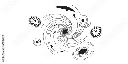 Abstract swirling vortex with clock faces and celestial elements in black and white