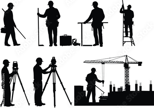 Construction site workers, engineers, and surveyors silhouettes using tools, ladders, tripods, and cranes for building, maintenance, inspection, measurement, and planning tasks.