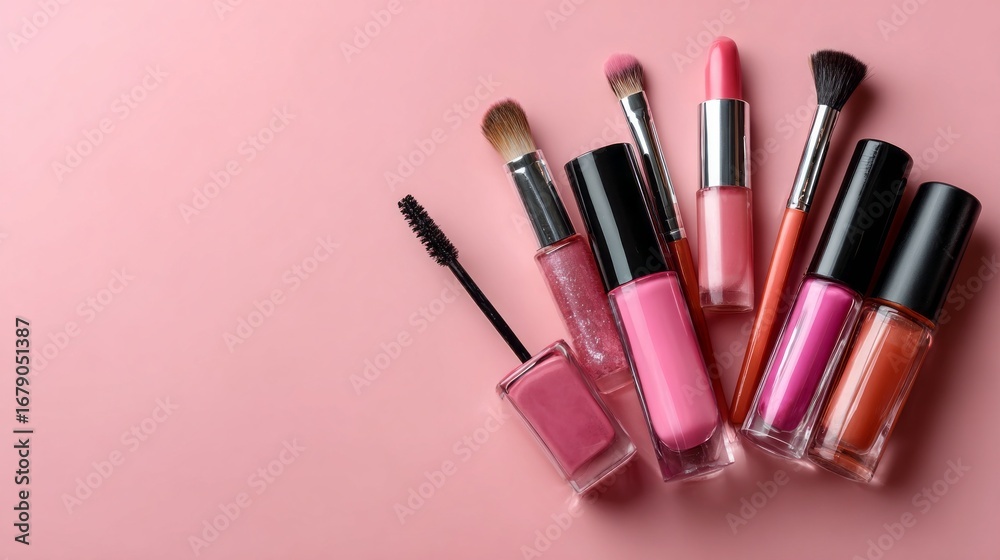 Obraz premium Colorful assortment of makeup items displayed on a pink background for beauty enthusiasts and makeup lovers