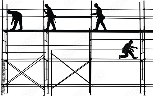 Silhouette of construction workers assembling scaffold at height, teamwork, safety equipment visible, industrial labor, work in progress, structure maintenance illustration.