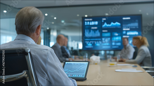 Business meeting is taking place modern boardroom, featuring group of professionals discussing financial data displayed large screen. focus is senior executive reviewing graphs tablet