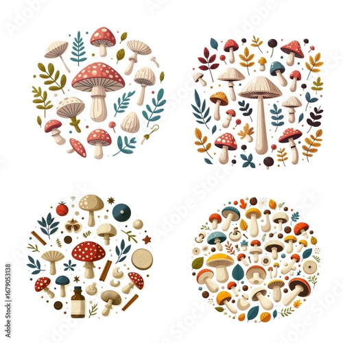 Isometric Circular Illustrations of Mushrooms and Autumn Leaves – Whimsical Nature Set