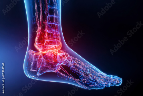 Foot anatomy with pain highlighted in red.