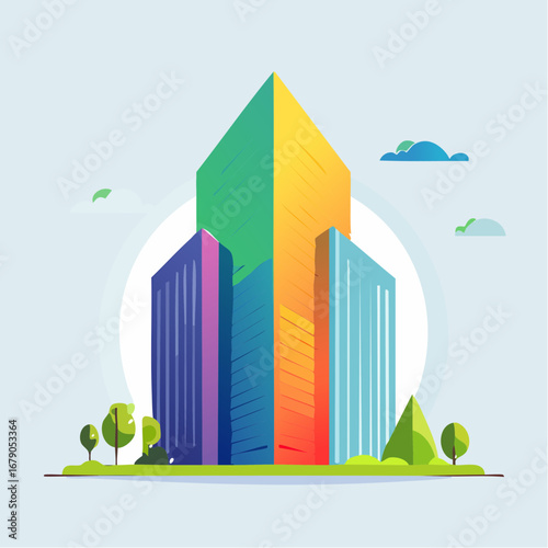 Abstract urban landscape featuring brightly colored geometric buildings and trees, a concept for modern real estate or business