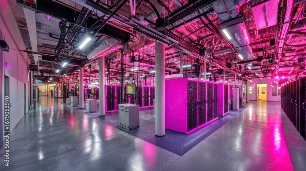 Fototapeta premium Pink-lit modern data center server room interior.