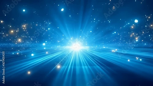Luminescent energy point projecting vibrant blue luminosity across technological grid landscape. Dynamic spatial visualization with scattered energetic particles radiating from central point.
