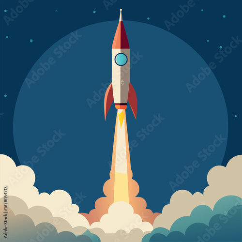 Flat vector illustration of a rocket launching into space with a colorful trail