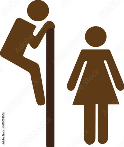 man and woman toilet sign, Funny restroom sign with peeping boy, Humorous toilet icon design, Man peeking at woman pictogram, Comedy gender sign illustration, Playful bathroom symbol art,