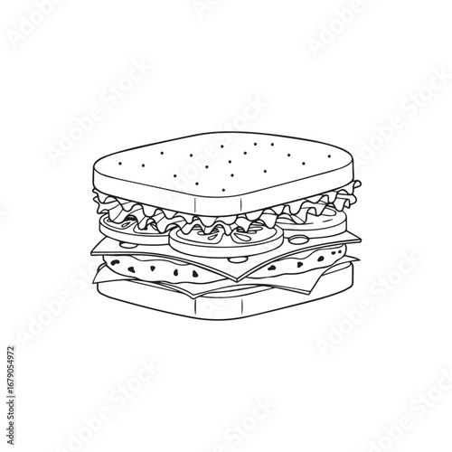 Detailed line art vector illustration of a club sandwich with ham, cheese, and vegetables on a dark background