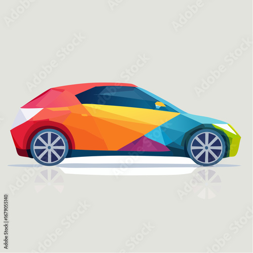 Abstract geometric representation of a vibrant, multi-colored car with a polished, reflective surface