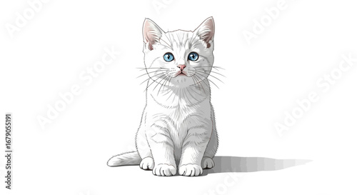 A cute white kitten with captivating blue eyes sitting on a plain background