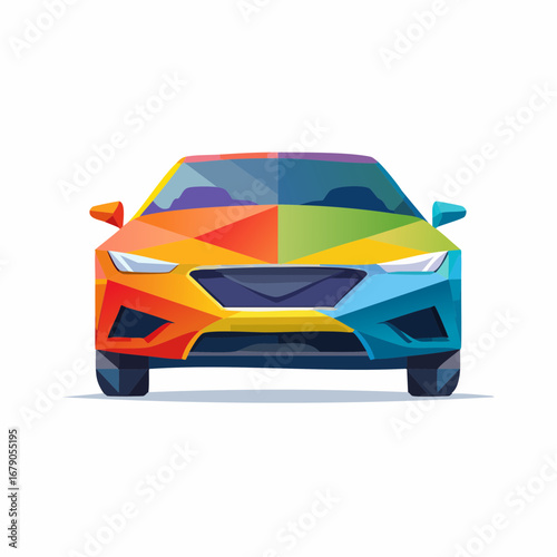 Colorful polygonal car illustration isolated on a white background, representing modern automotive design and vibrant creative technology
