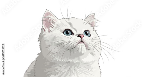 A mesmerizing portrait of a white kitten with captivating blue eyes looking up