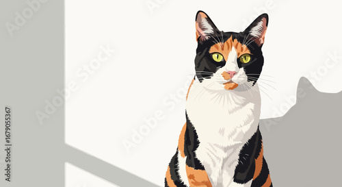 A vector illustration of a calico cat with its shadow on the background