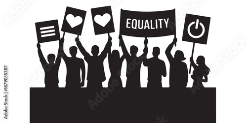 Diverse group of people holding signs advocating for equality and social justice