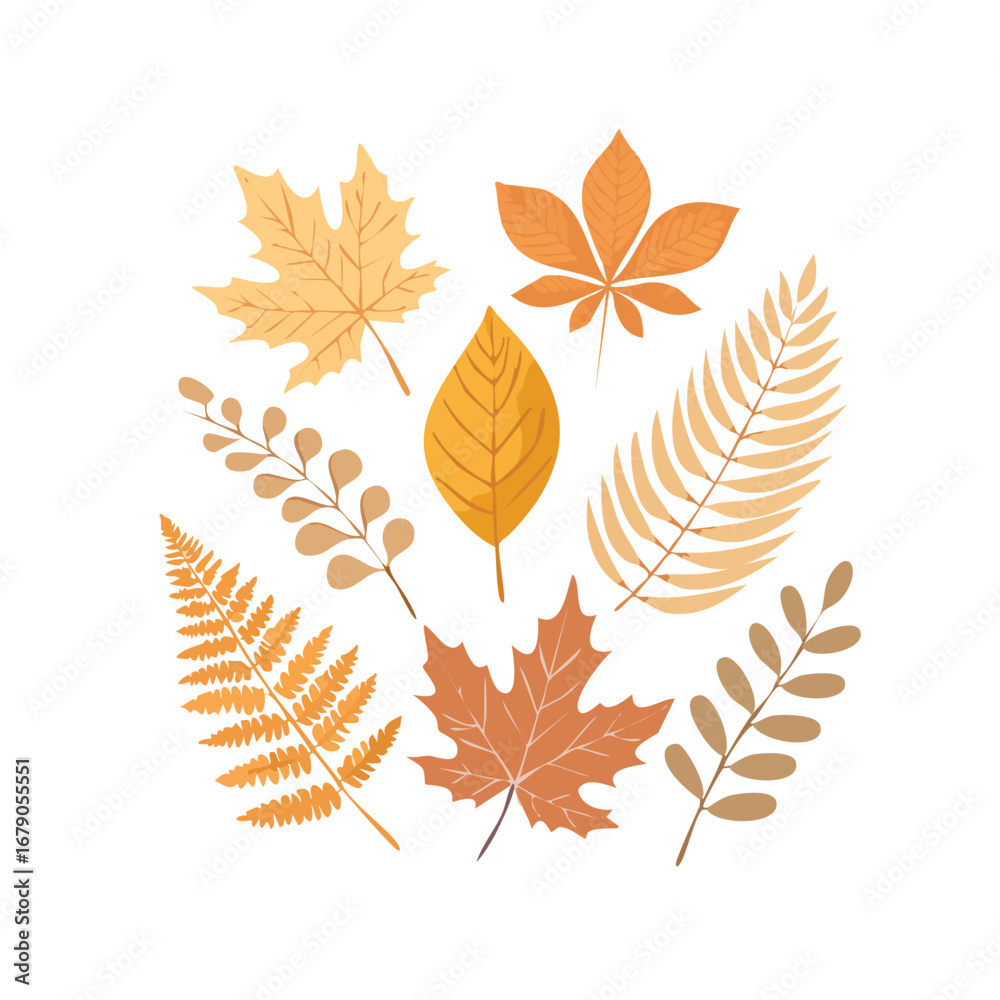 Fototapeta premium A collection of autumn leaves in warm, earthy tones. A vector illustration for a fall season background, Thanksgiving card, or nature design concept. Generative AI