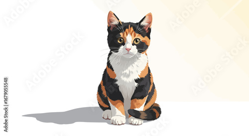 Adorable calico kitten sitting upright looking directly at the viewer