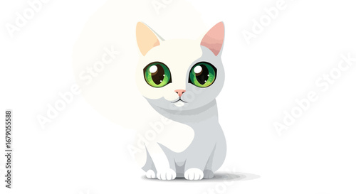 Adorable cartoon white cat with striking green eyes on a white background
