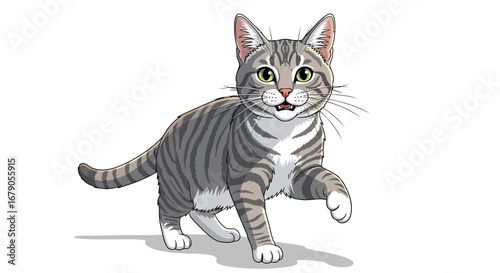 Adorable tabby cat illustration in playful stance on clear background