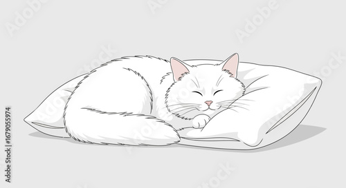 Adorable white cat curled up comfortably on a fluffy white pillow sleeping deeply