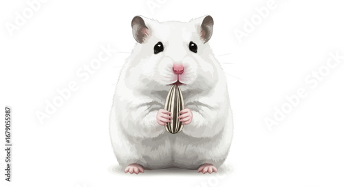 Adorable white hamster holding a sunflower seed in its tiny paws