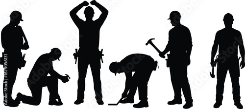 Silhouette of construction workers using tools, hammering, standing, kneeling, posing, isolated on white background, perfect for industrial, labor, or engineering design.