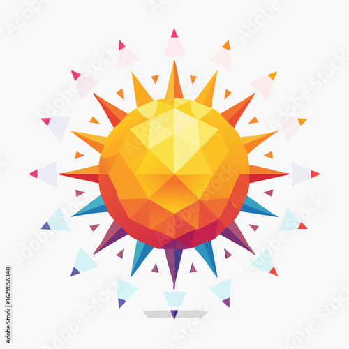Vibrant low-poly sun illustration with colorful geometric rays symbolizing solar energy, power, and digital creativity
