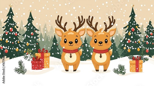 Cute Twin Red-nosed Reindeer on Red Christmas Snowy Background (Holiday Card Design & Festive Decor)