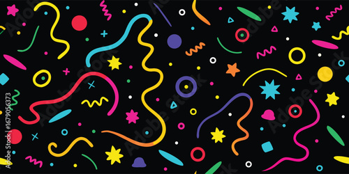 Vibrant and playful abstract pattern featuring colorful confetti streamers stars and squiggles on a dark background perfect for celebrations and parties
