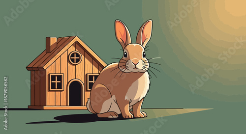 Cartoon Illustration of a Rabbit Sitting Beside a Cozy Wooden Hut, Delightful